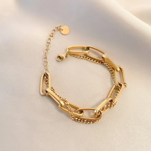 Exaggerated Cuban 18K Gold Titanium Steel Hollow Thick Double Chain Bracelet - Picture 4 of 11